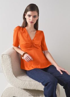 Clothing LK Bennett Women Gabbi Orange Silk Textured Top Koi LJ48X40